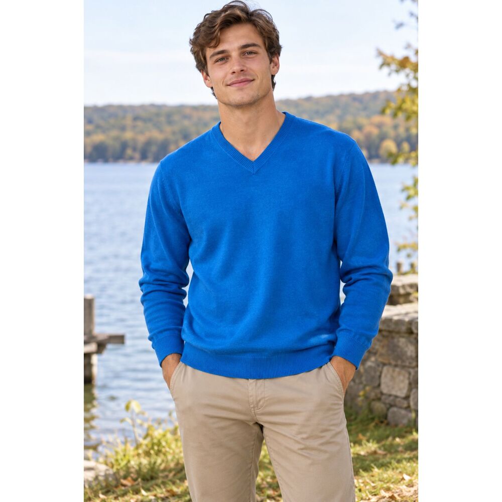 Van Heusen Men's Pullover Sweater V-Neck Long Sleeve Cotton Blend Blue Large